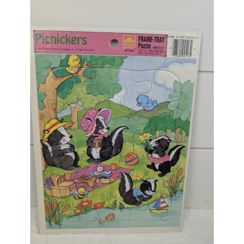 Vintage PICNICKERS Frame Tray Puzzle 90s Kids Skunk Picnic Retro Cartoon School